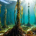 **Prompt:** Vibrant seaweed farm underwater, capturing the diverse colors of kelp, nori, and wakame. Sunlight filters through the water, illuminating the sustainable aquaculture practice. Focus on the environmental benefits and economic opportunities for coastal communities. Include marine life interacting with the seaweed forest.
