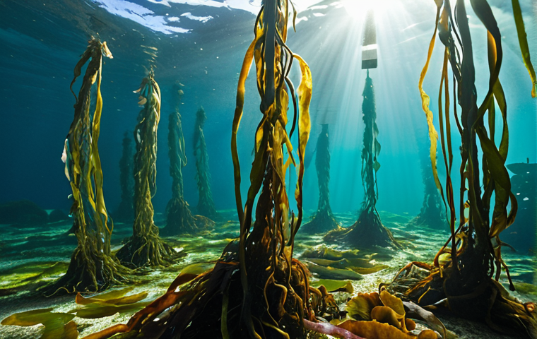 **Prompt:** Vibrant seaweed farm underwater, capturing the diverse colors of kelp, nori, and wakame. Sunlight filters through the water, illuminating the sustainable aquaculture practice. Focus on the environmental benefits and economic opportunities for coastal communities. Include marine life interacting with the seaweed forest.