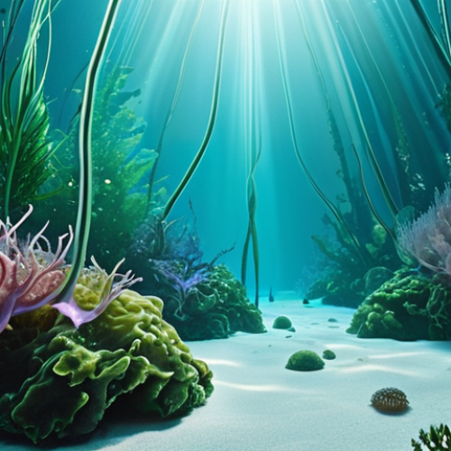 **Revolutionary Ocean's Bounty**: A captivating image illustrating the revolutionary potential of water-soluble seaweed extracts. Visualize vibrant, lush underwater seaweed forests subtly transitioning into futuristic, clean laboratories, then into diverse applications: glowing eco-packaging, abstract healing light representing advanced medical solutions, and refined natural skincare products. The scene should convey innovation, sustainability, and profound natural power, with water-soluble compounds subtly represented by iridescent trails or crystalline structures emanating from the seaweed. Emphasize a soft, futuristic lighting and a clean aesthetic. High detail, cinematic quality.