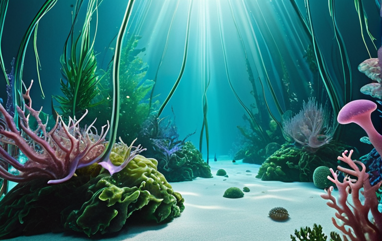 **Revolutionary Ocean's Bounty**: A captivating image illustrating the revolutionary potential of water-soluble seaweed extracts. Visualize vibrant, lush underwater seaweed forests subtly transitioning into futuristic, clean laboratories, then into diverse applications: glowing eco-packaging, abstract healing light representing advanced medical solutions, and refined natural skincare products. The scene should convey innovation, sustainability, and profound natural power, with water-soluble compounds subtly represented by iridescent trails or crystalline structures emanating from the seaweed. Emphasize a soft, futuristic lighting and a clean aesthetic. High detail, cinematic quality.