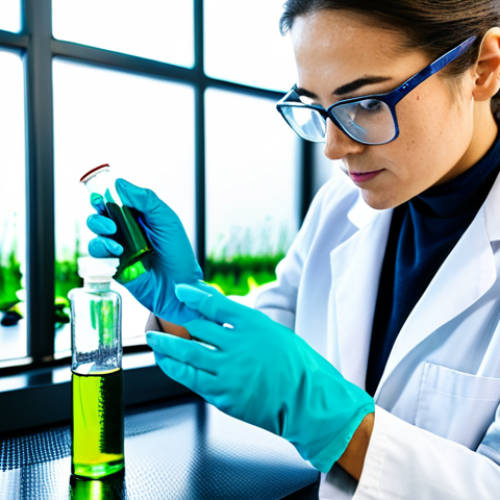 A focused female scientist, wearing a professional, modest lab coat and safety glasses, meticulously examining a clear vial containing a vibrant green seaweed extract. She stands in a brightly lit, state-of-the-art biotechnology laboratory with advanced biorefinery equipment and sterile surfaces in the background. The atmosphere is innovative and research-driven. This image is safe for work, appropriate content, fully clothed, professional dress, perfect anatomy, correct proportions, natural pose, well-formed hands, natural body proportions, professional photography, high quality.