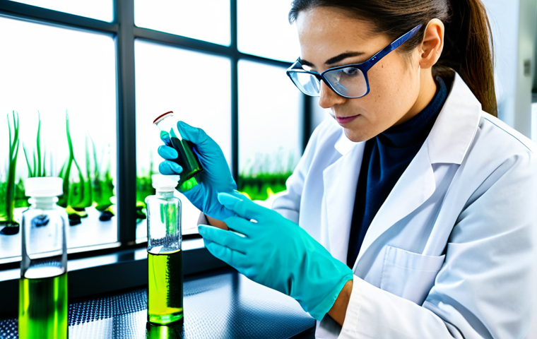 A focused female scientist, wearing a professional, modest lab coat and safety glasses, meticulously examining a clear vial containing a vibrant green seaweed extract. She stands in a brightly lit, state-of-the-art biotechnology laboratory with advanced biorefinery equipment and sterile surfaces in the background. The atmosphere is innovative and research-driven. This image is safe for work, appropriate content, fully clothed, professional dress, perfect anatomy, correct proportions, natural pose, well-formed hands, natural body proportions, professional photography, high quality.