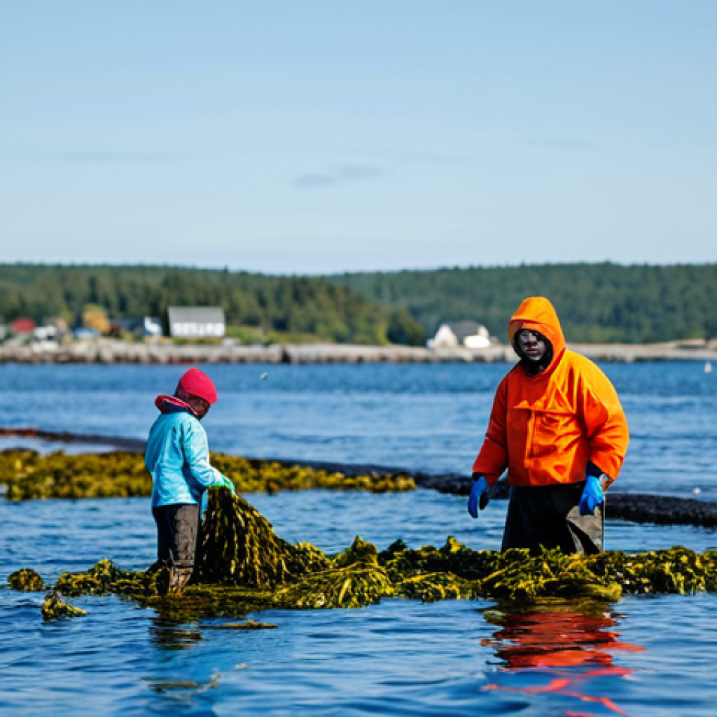Seaweed Farm Innovation**
"A bustling, sustainable seaweed farm off the coast of Maine, USA. Workers in appropriate waterproof clothing are harvesting seaweed. Focus on the clarity of the water and diverse marine life around the farm (small fish, seabirds). Background shows the coastline. Professional photography, vibrant colors, high resolution, perfect anatomy, correct proportions, natural pose, safe for work, appropriate content, fully clothed, professional, modest, family-friendly."
**
