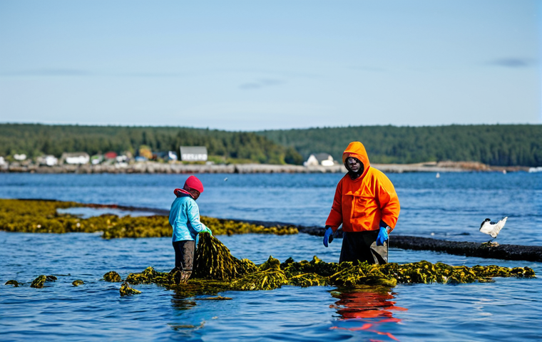 Seaweed Farm Innovation**
"A bustling, sustainable seaweed farm off the coast of Maine, USA. Workers in appropriate waterproof clothing are harvesting seaweed. Focus on the clarity of the water and diverse marine life around the farm (small fish, seabirds). Background shows the coastline. Professional photography, vibrant colors, high resolution, perfect anatomy, correct proportions, natural pose, safe for work, appropriate content, fully clothed, professional, modest, family-friendly."
**