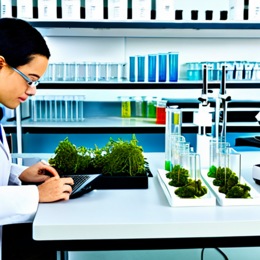 해조류를 활용한 의약품의 효능 연구 - Seaweed Research Lab**
"A bright and modern scientific laboratory, researchers in lab coats analyzi...