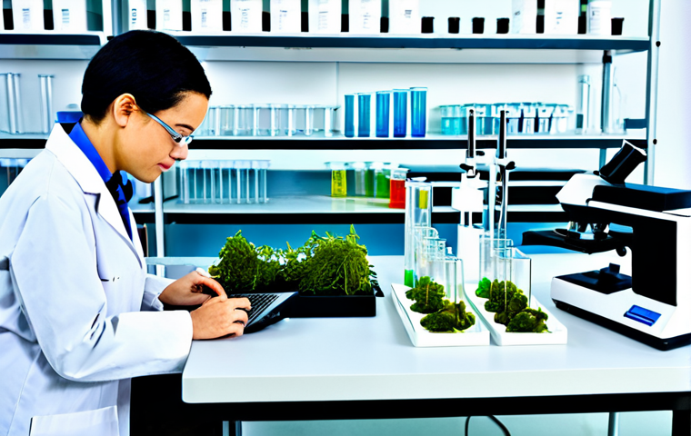 해조류를 활용한 의약품의 효능 연구 - Seaweed Research Lab**
"A bright and modern scientific laboratory, researchers in lab coats analyzi...