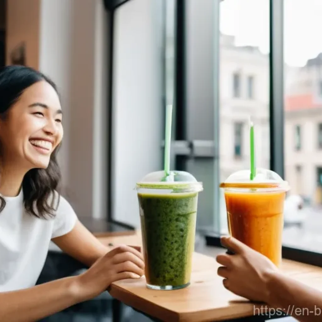 해조류 바이오소재의 응용 연구 - **Sustainable Edible Packaging in a Modern Cafe**: A cheerful, diverse group of young adults, aged e...