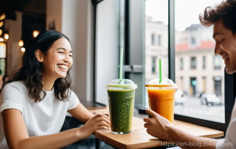 해조류 바이오소재의 응용 연구 - **Sustainable Edible Packaging in a Modern Cafe**: A cheerful, diverse group of young adults, aged e...