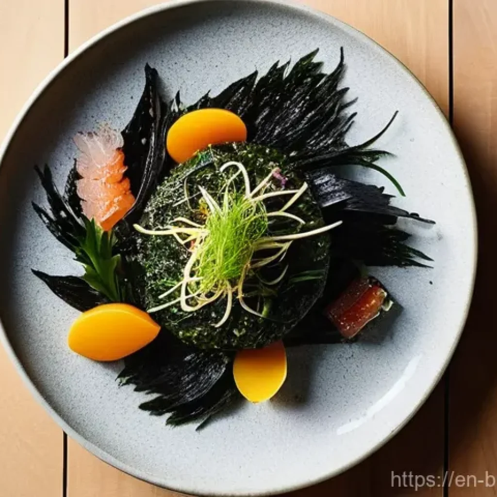 해조류의 기능성 식품 개발 동향 - **Gourmet Seaweed Culinary Experience:** A high-angle shot of a beautifully presented, vibrant gourm...