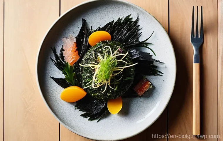 해조류의 기능성 식품 개발 동향 - **Gourmet Seaweed Culinary Experience:** A high-angle shot of a beautifully presented, vibrant gourm...