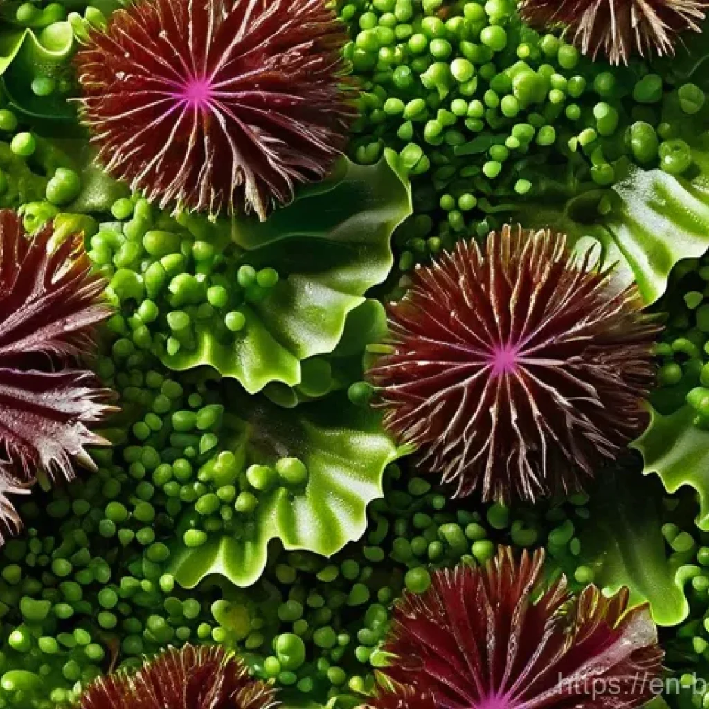 해조류를 이용한 생리활성 물질 연구 - **Prompt:** A close-up, vibrant and intricate shot of various types of seaweed, such as deep green s...