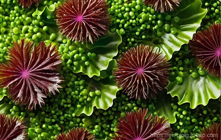 해조류를 이용한 생리활성 물질 연구 - **Prompt:** A close-up, vibrant and intricate shot of various types of seaweed, such as deep green s...