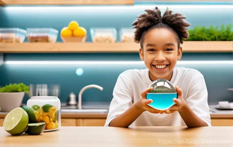 해조류 바이오소재의 산업적 활용 사례 - **Sustainable & Edible Packaging of the Future**
A bright, clean, and futuristic kitchen counter...