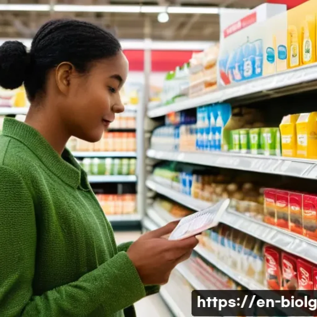 해조류에서 유래한 첨가물의 활용 - **Prompt:** A brightly lit, modern grocery store aisle. A diverse group of shoppers examines food la...