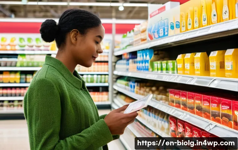 해조류에서 유래한 첨가물의 활용 - **Prompt:** A brightly lit, modern grocery store aisle. A diverse group of shoppers examines food la...