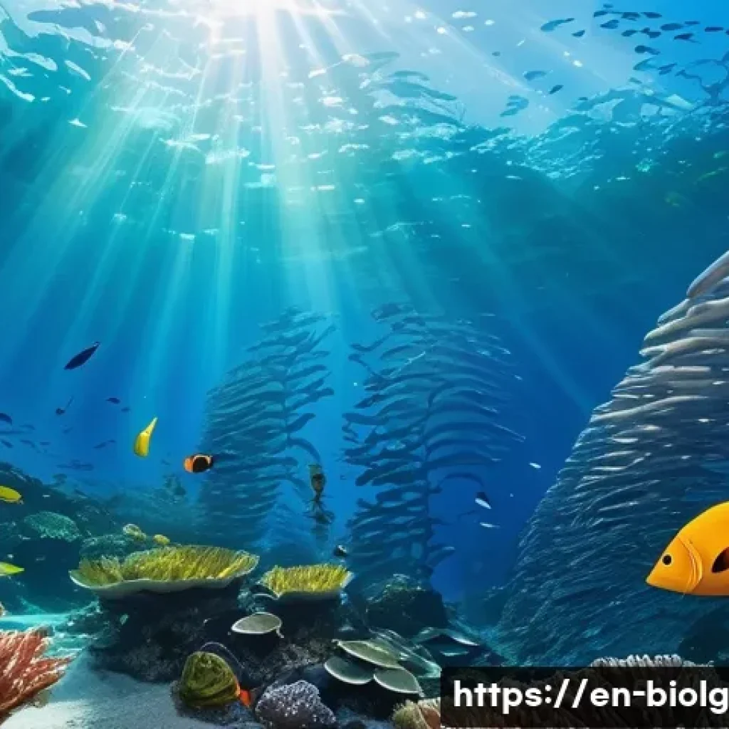해조류의 해양 자원으로서의 가치 - A vibrant underwater scene showcasing a dense kelp forest teeming with marine life, including colorf...
