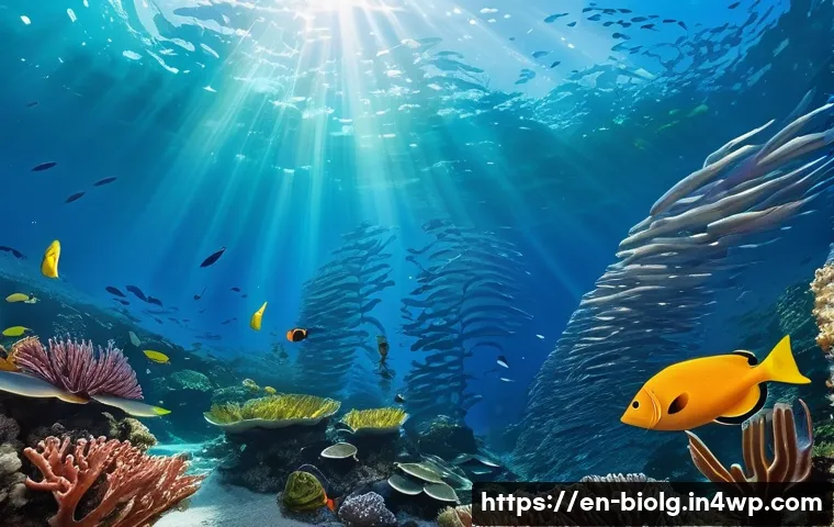 해조류의 해양 자원으로서의 가치 - A vibrant underwater scene showcasing a dense kelp forest teeming with marine life, including colorf...