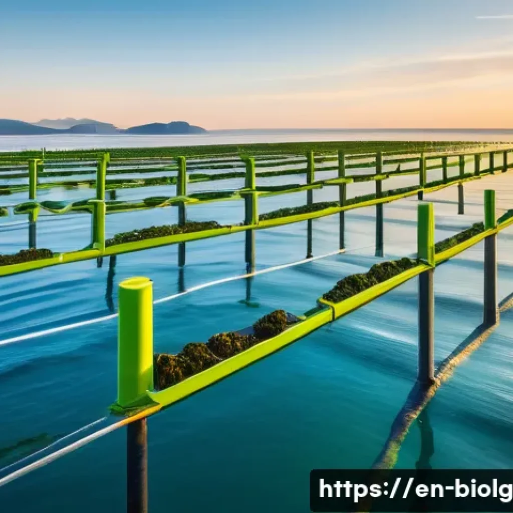 해조류 활용을 위한 최신 기술 동향 - A futuristic coastal seaweed farm at sunrise featuring vertical and offshore farming systems with de...