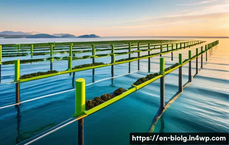 해조류 활용을 위한 최신 기술 동향 - A futuristic coastal seaweed farm at sunrise featuring vertical and offshore farming systems with de...