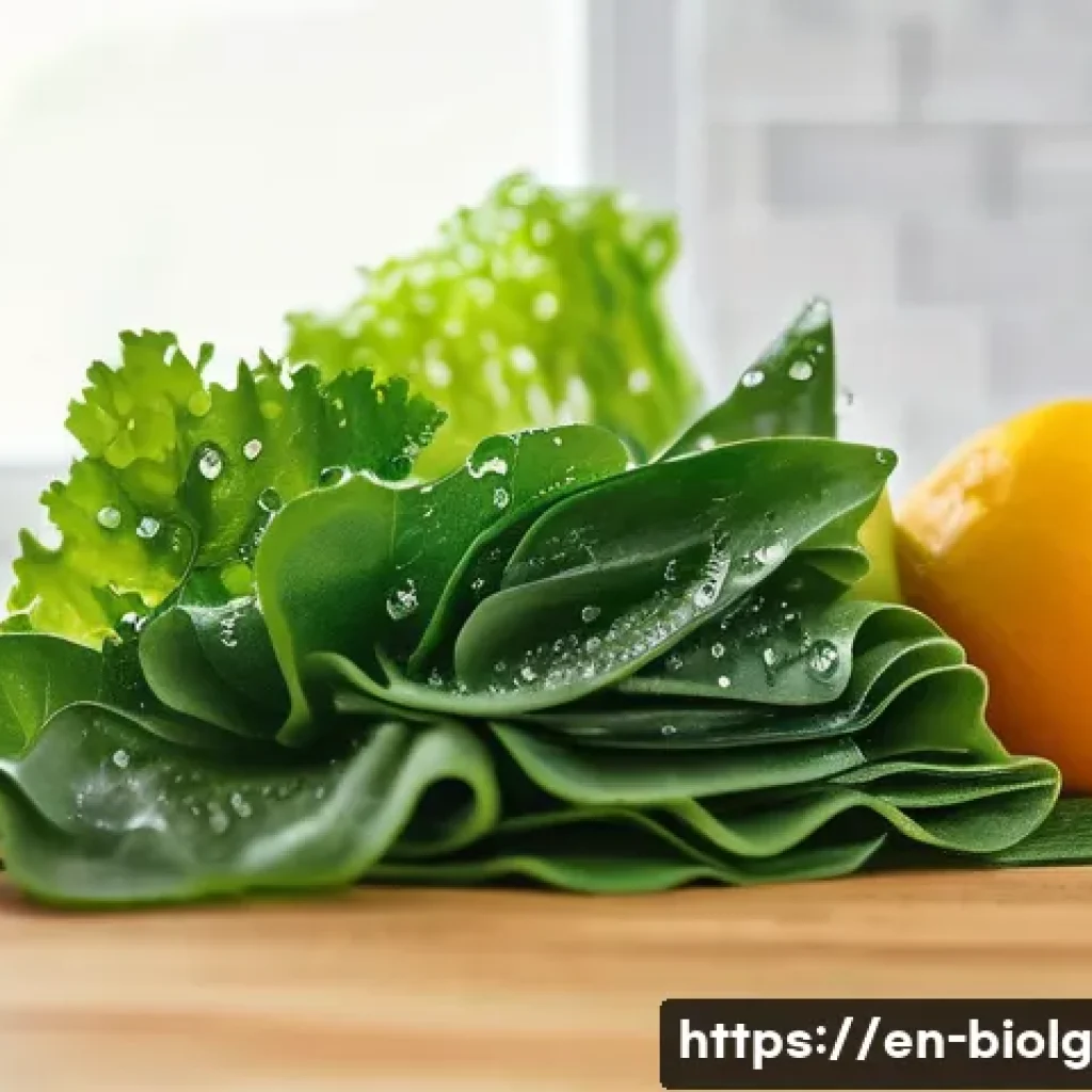 해조류에서 추출한 천연 고분자 특징 - A highly detailed close-up of biodegradable seaweed polymer films gently draped over fresh fruits an...