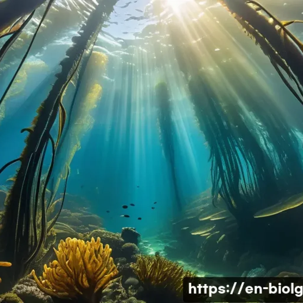 해조류의 해양 생태계 보호 역할 - A vibrant underwater kelp forest teeming with diverse marine life including juvenile fish, tiny crus...