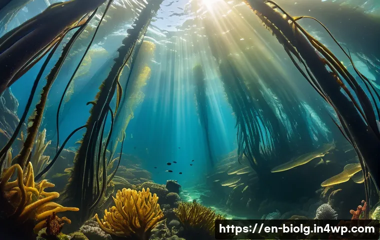 해조류의 해양 생태계 보호 역할 - A vibrant underwater kelp forest teeming with diverse marine life including juvenile fish, tiny crus...