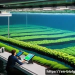 Home 21 해조류의 재배 및 수확 기술 연구 - A high-tech seaweed farm in a coastal setting featuring smart sensor arrays attached to floating sea...