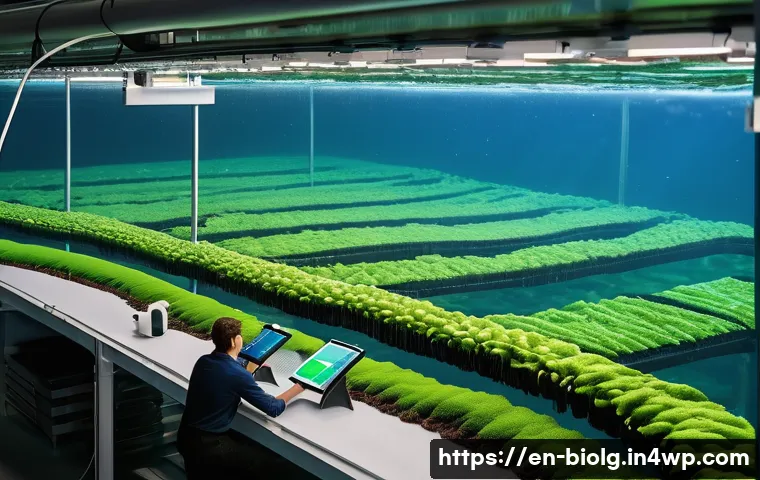 해조류의 재배 및 수확 기술 연구 - A high-tech seaweed farm in a coastal setting featuring smart sensor arrays attached to floating sea...