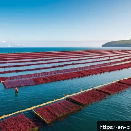 Home 32 해조류의 환경적 이점과 상업적 활용 - A vibrant coastal seaweed farm scene at sunrise, showing workers in eco-friendly clothing carefully ...