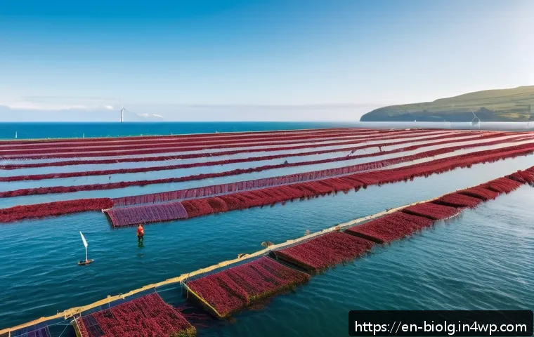 해조류의 환경적 이점과 상업적 활용 - A vibrant coastal seaweed farm scene at sunrise, showing workers in eco-friendly clothing carefully ...