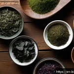 Home 19 해조류의 기능성과 생리적 작용 - A vibrant close-up of assorted edible seaweed varieties—kelp, wakame, nori, and dulse—artfully arran...