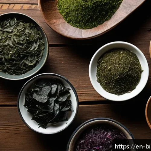 Home 31 해조류의 기능성과 생리적 작용 - A vibrant close-up of assorted edible seaweed varieties—kelp, wakame, nori, and dulse—artfully arran...