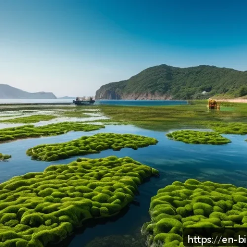 Home 30 해조류를 이용한 대체 섬유 개발 - A serene coastal ocean farm scene during golden hour, showcasing vast underwater seaweed beds gently...