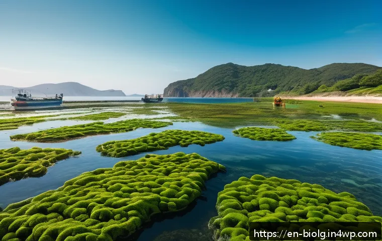 해조류를 이용한 대체 섬유 개발 - A serene coastal ocean farm scene during golden hour, showcasing vast underwater seaweed beds gently...