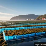 Home 23 해조류의 다양한 활용 가능성과 실제 사례 - A vibrant coastal seaweed farm scene at sunrise, showcasing rows of kelp and nori growing in clear b...