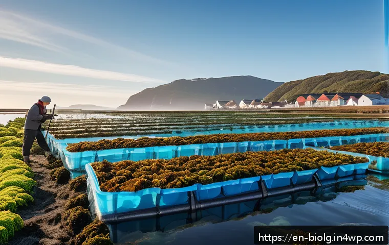 해조류의 다양한 활용 가능성과 실제 사례 - A vibrant coastal seaweed farm scene at sunrise, showcasing rows of kelp and nori growing in clear b...