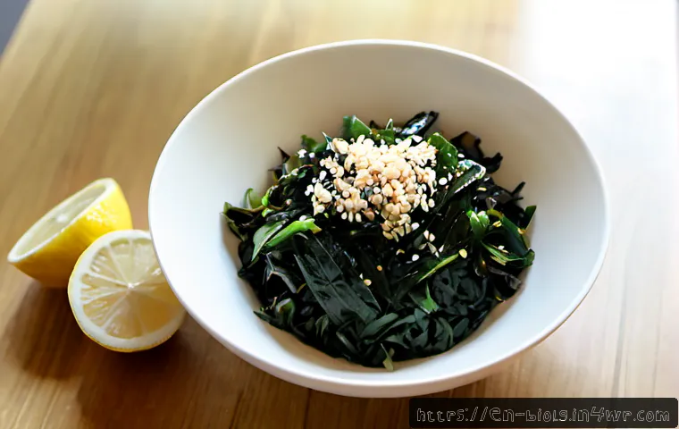 해조류의 영양학적 가치와 활용 - Photorealistic overhead kitchen scene showcasing the nutritional value of edible seaweed: a clean ce...