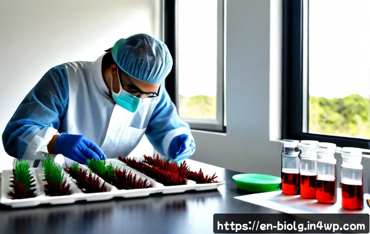 해조류의 생리활성 물질 활용 가능성 - Photorealistic marine biotechnology laboratory scene, a scientist in clean protective attire examini...